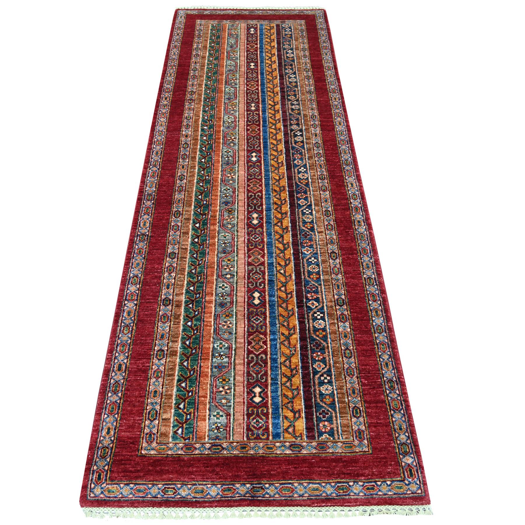 2'9"x8'5" Berry Red, Vegetable Dyes, Afghan Super Kazak with Shawl Design, Hand Knotted, Pure Wool, Runner, Oriental Rug 